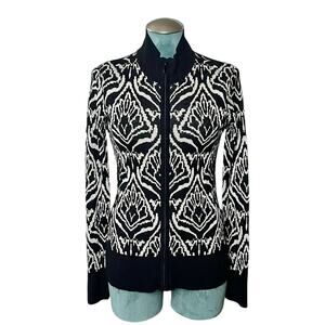 V Cristina Patterned Knit Cardigan Jacket Sz L Black White Long Sleeve Full Zip